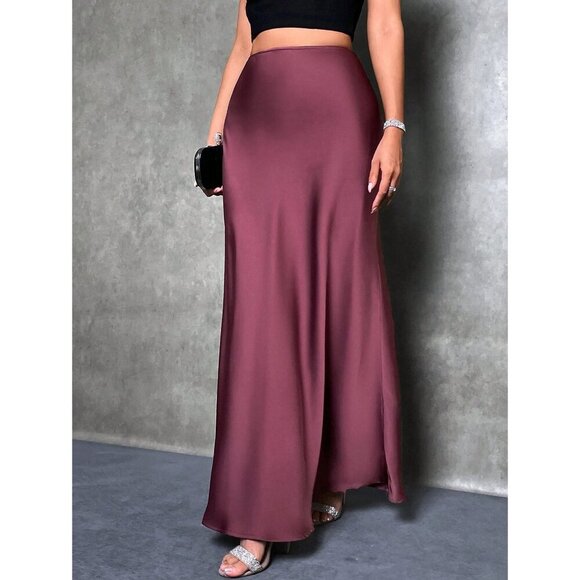 Satin maxi skirt long minimalist luxe classy navy blue - Picture 8 of 10